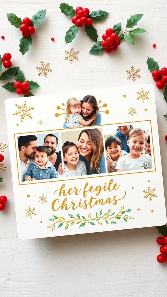 A festive year in review Christmas card with a collage of family photos and holiday decorations.